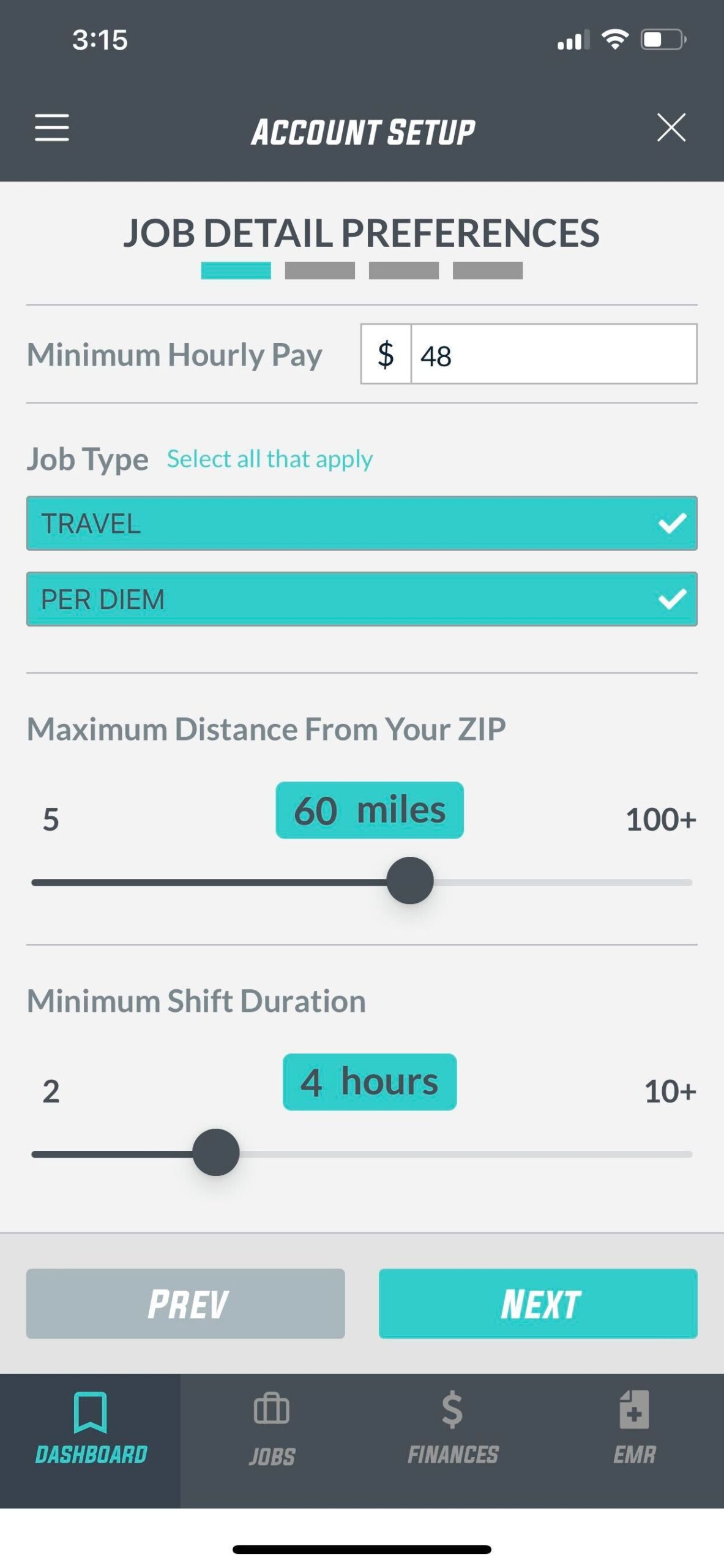 Screenshot of the Go4 app where are you able to set your Job Detail Preferences as an athletic trainer looking for work. 