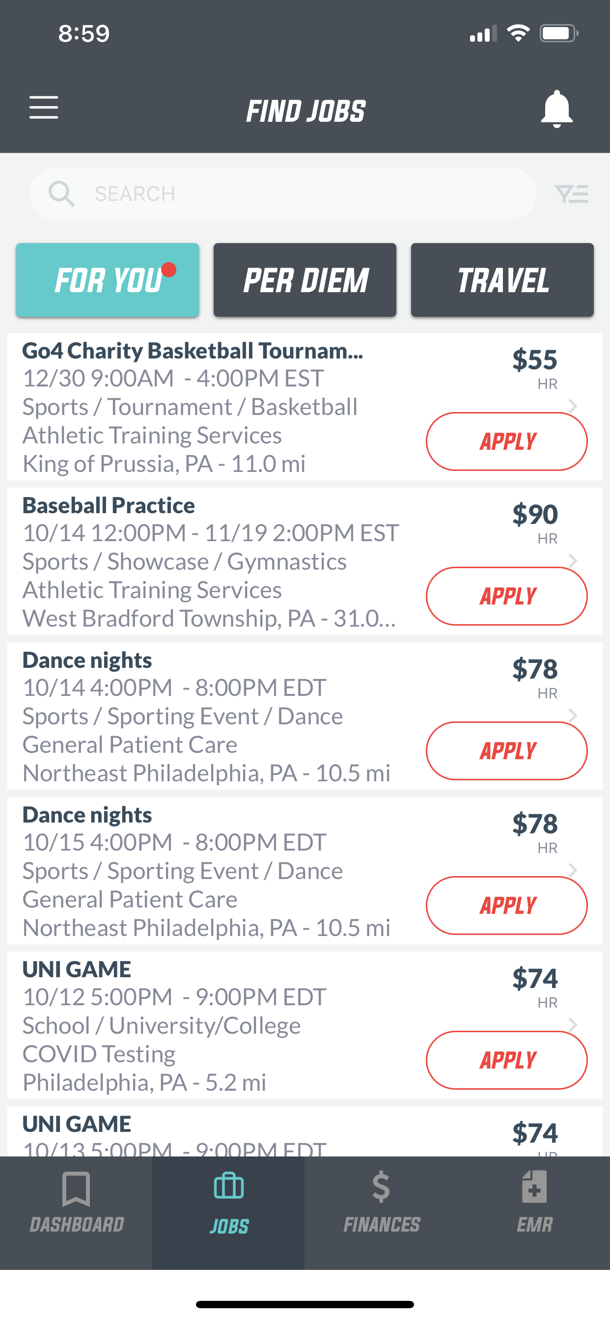 This screenshot of the Go4 app shows an athletic trainer the curated section of their job feed. 